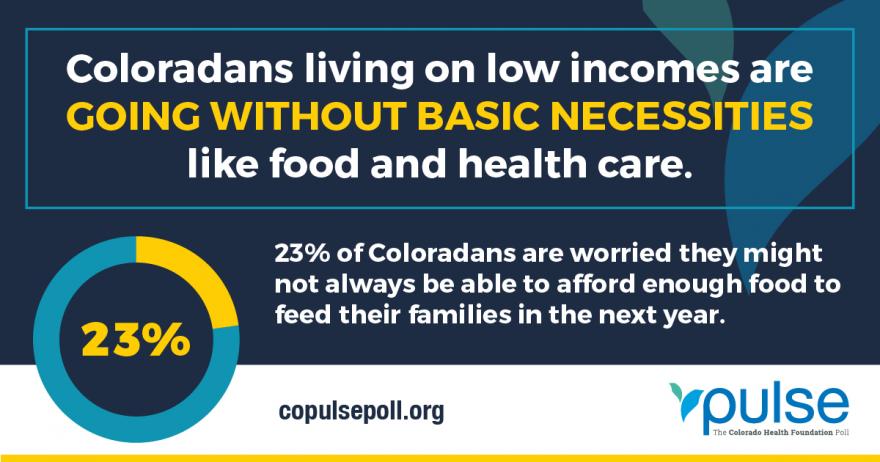 Coloradans living on low incomes are going without basic necessities like food and health care. 23% of Coloradans are worried they might not always be able to afford enough food to feed their families in the next year. 