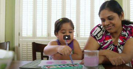 Mom and child paint together. 