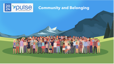 Group of diverse people with the words "community belonging" and the mountains in the back.